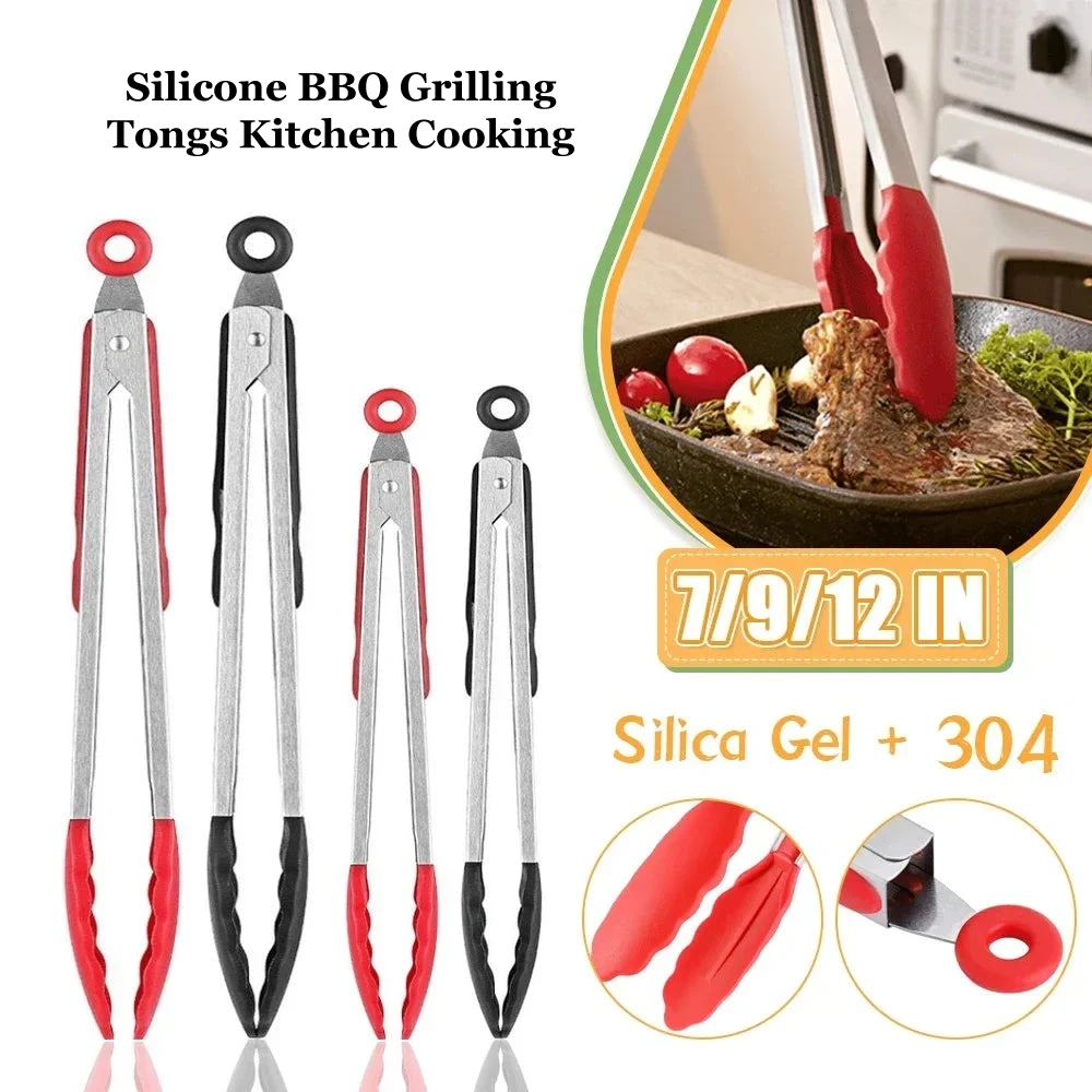 Silicone BBQ Grilling Tongs Kitchen Cooking 