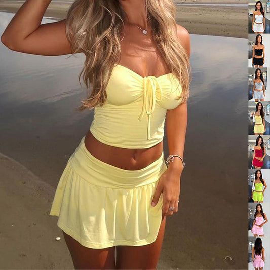 Suits Sleeveless Tube Top And Pleating Skirt 