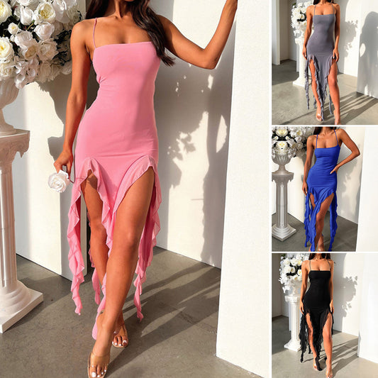 Suspender Tight Slim Skirt Split Ruffle Design Dress 