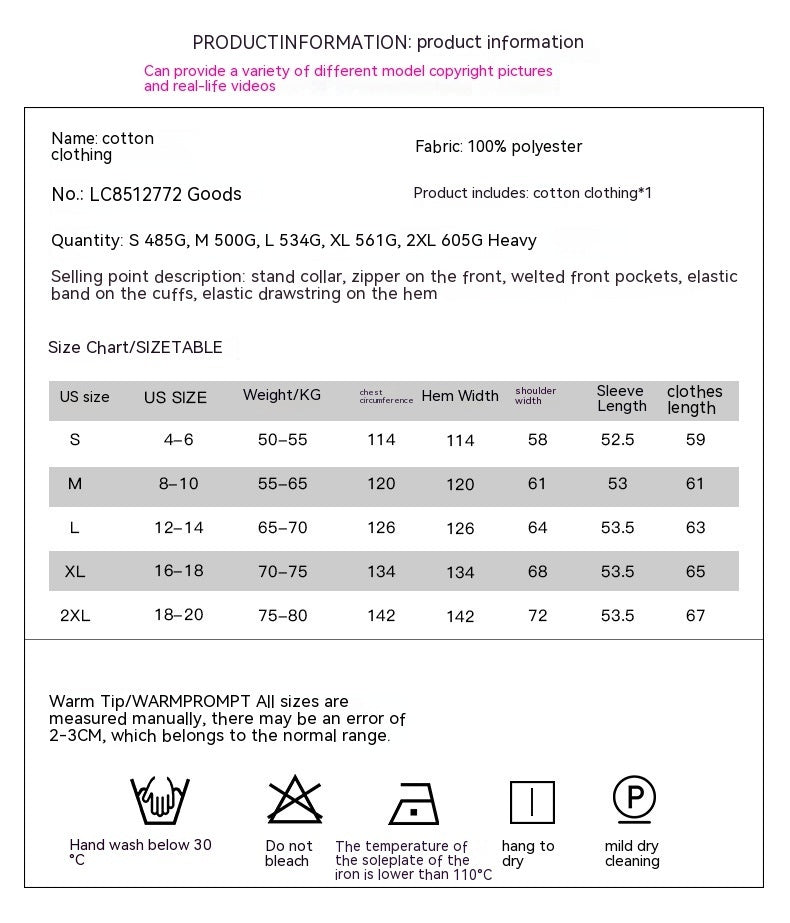 Product information sheet for cotton clothing with size chart and care instructions.