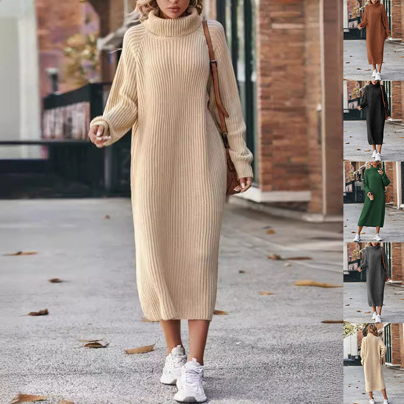 Woman wearing a beige ribbed dress with white sneakers, standing on a street.