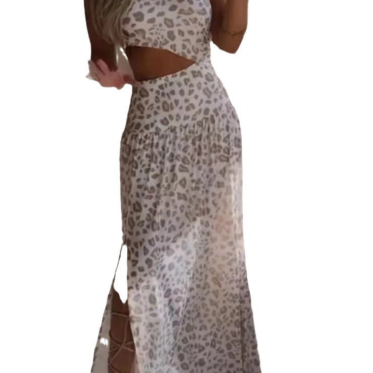 Leopard print two-piece outfit with a long skirt and top on a white background