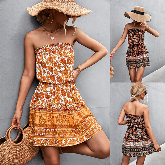 Women's Bohemian Floral Print Strapless 