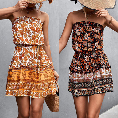 Women's Bohemian Floral Print Strapless 