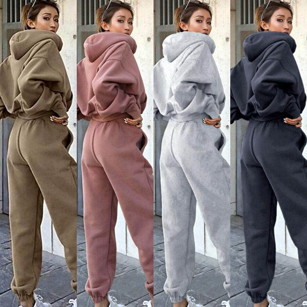 Four different colored tracksuits worn by a person, displayed side by side.
