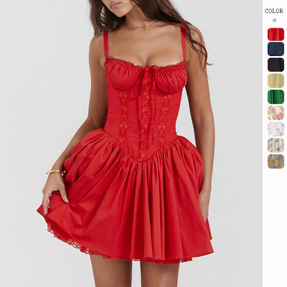 Lace-up Slim Waist Pleated Short Dresses  Yazijico™ 