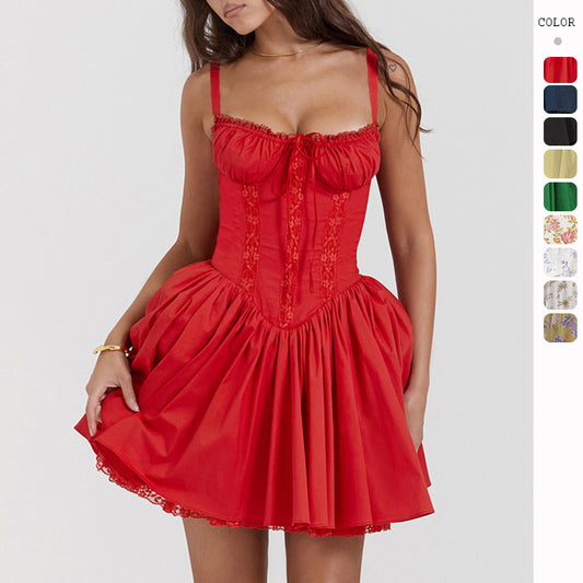 Lace-up Slim Waist Pleated Short Dresses  Yazijico™ 