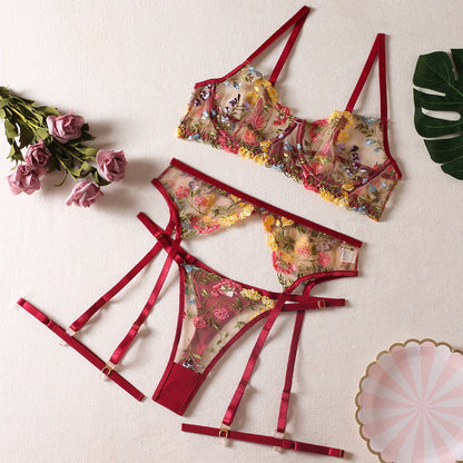Lingerie Ellolace, ensemble 3 pièces en dentelle transparente brodée | Yazijico™