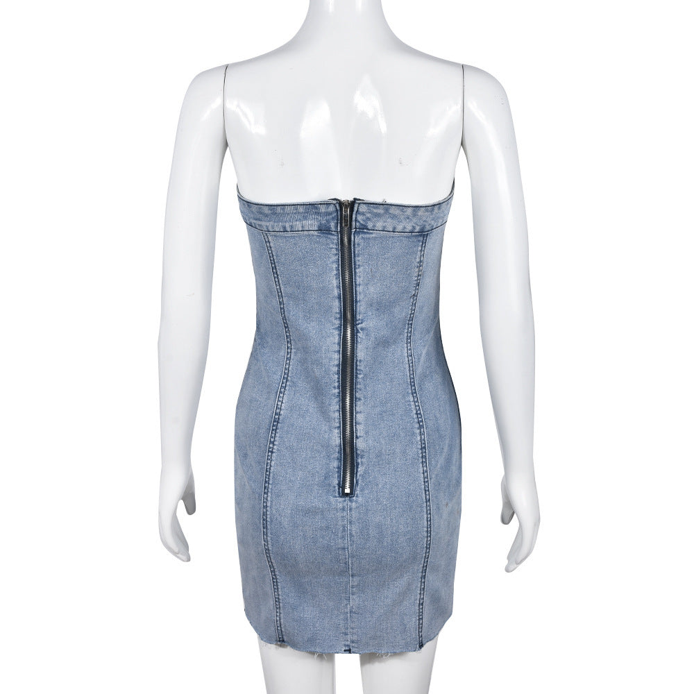 Dress Backless Tube Denim Slim Short  | Yazijico™ 