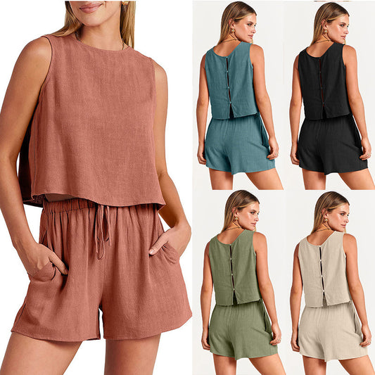 Women's Set Sleeveless Tops And Drawstring Shorts   Yazijico™ 