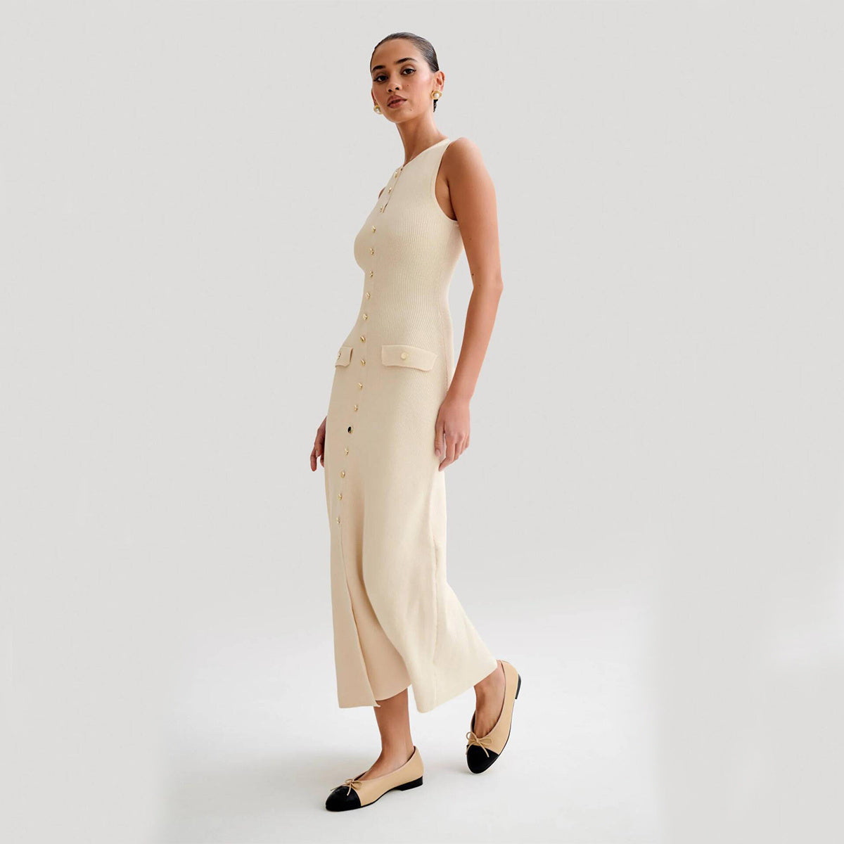 Knitted Sleeveless Dress With Single Breast  Yazijico™ 