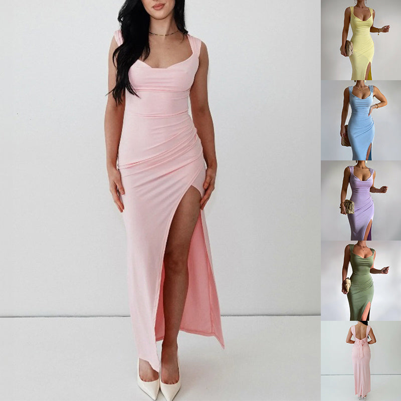 Slim Sleeveless Slit Dress With Back Tie Design  Yazijico™ 