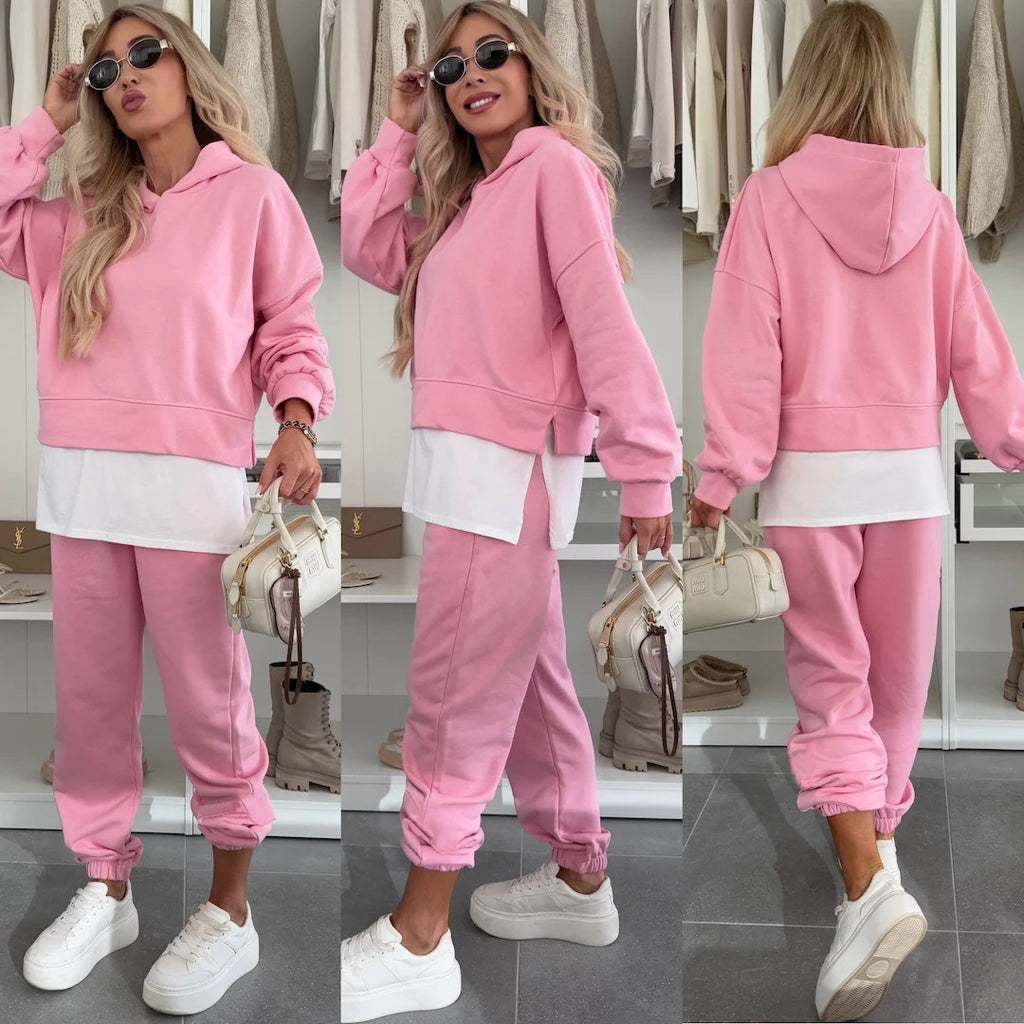 Hooded Sweatshirt Suit Loose Long Sleeve False Two-piece Tops And Jogger Sports Trousers Casual Spots Set For Women's Clothing
