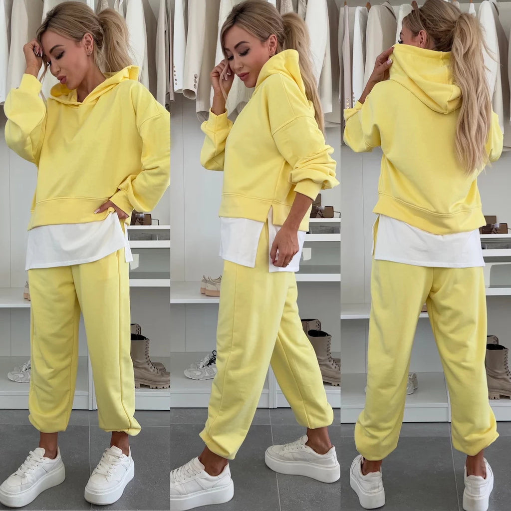 Hooded Sweatshirt Suit Loose Long Sleeve False Two-piece Tops And Jogger Sports Trousers Casual Spots Set For Women's Clothing