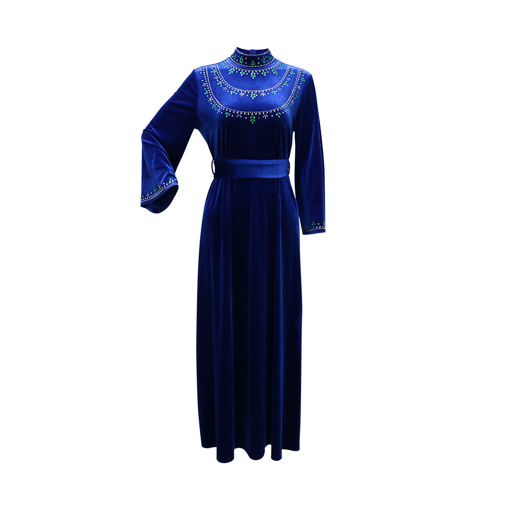 Velvet Zipper Green Drop-shaped Diamond Middle East Dress | Yazijico™