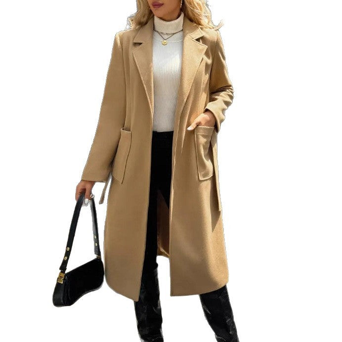 Women's Woolen Simple Lace Waist-tied Coat