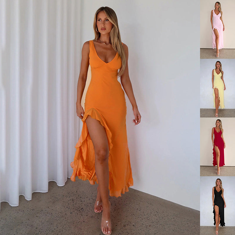 Women's Ruffles Split Suspender Dress Sexy Slim-fit V-neck Evening Party Dresses Clothing