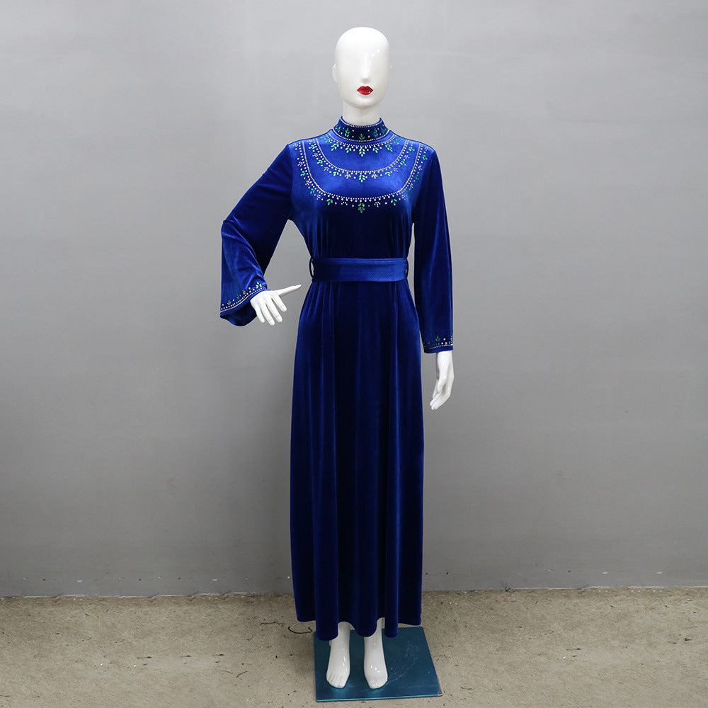 Velvet Zipper Green Drop-shaped Diamond Middle East Dress | Yazijico™