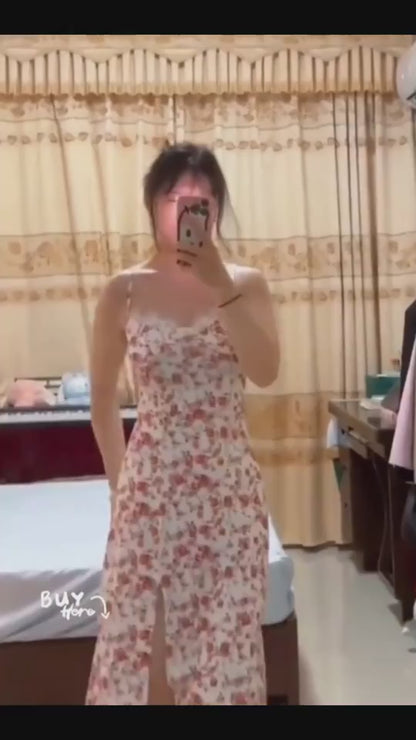 Lace Flowers Print Long Dress Slit Suspender