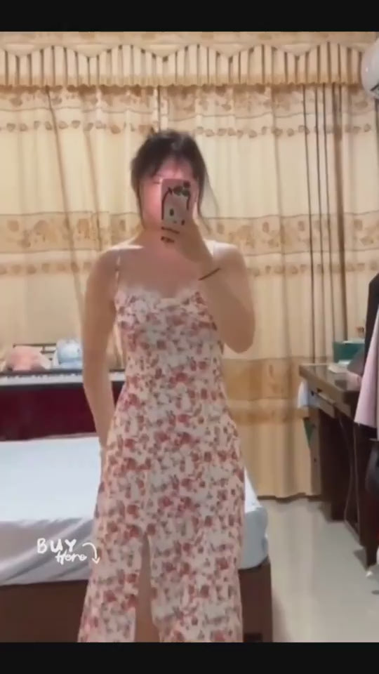 Lace Flowers Print Long Dress Slit Suspender