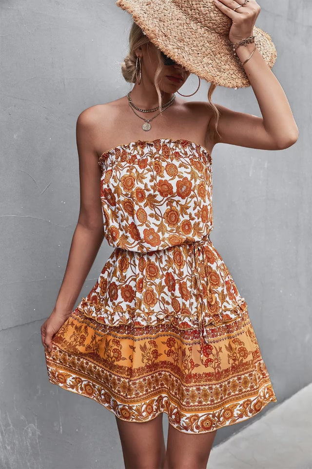 Women's Bohemian Floral Print Strapless 